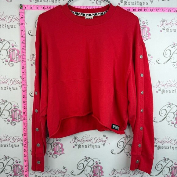 PINK Victoria's Secret Tops - PINK Victoria's Secret sweater logo on back Red Button-Sleeve Cropped Sweatshirt
